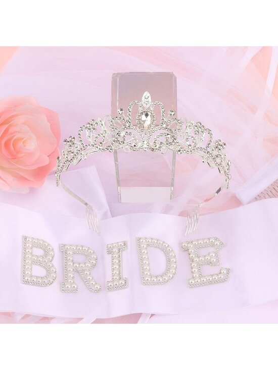 Women\'s White Satin Bride To Be Sash Crown Elegant Gorgeous Pearl Scarves main image 7